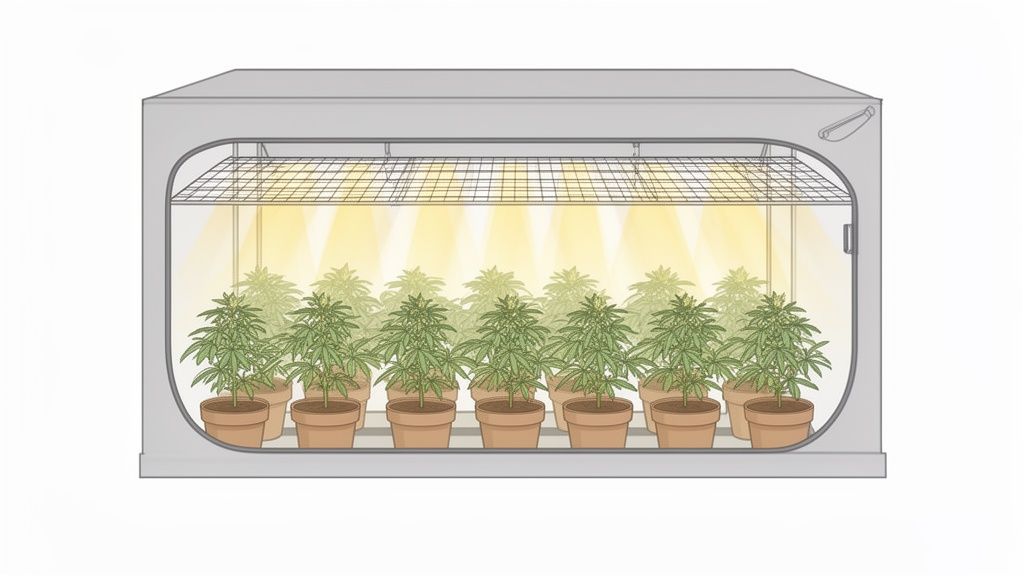 Cannabis plants in pots under grow lights, inside a grow tent with a scrog net.