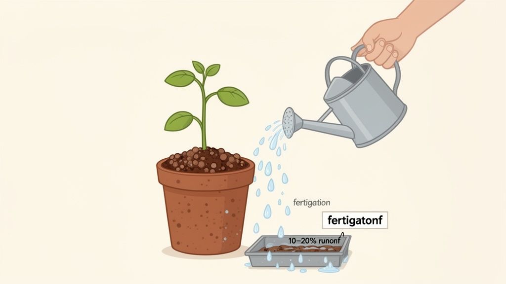 A hand waters a potted green plant with a watering can, showing water runoff into a tray below.