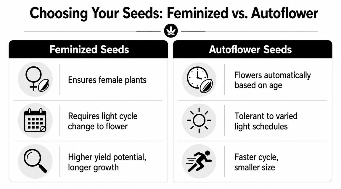 A comparison chart outlining the key differences between feminized seeds and autoflower cannabis seeds.