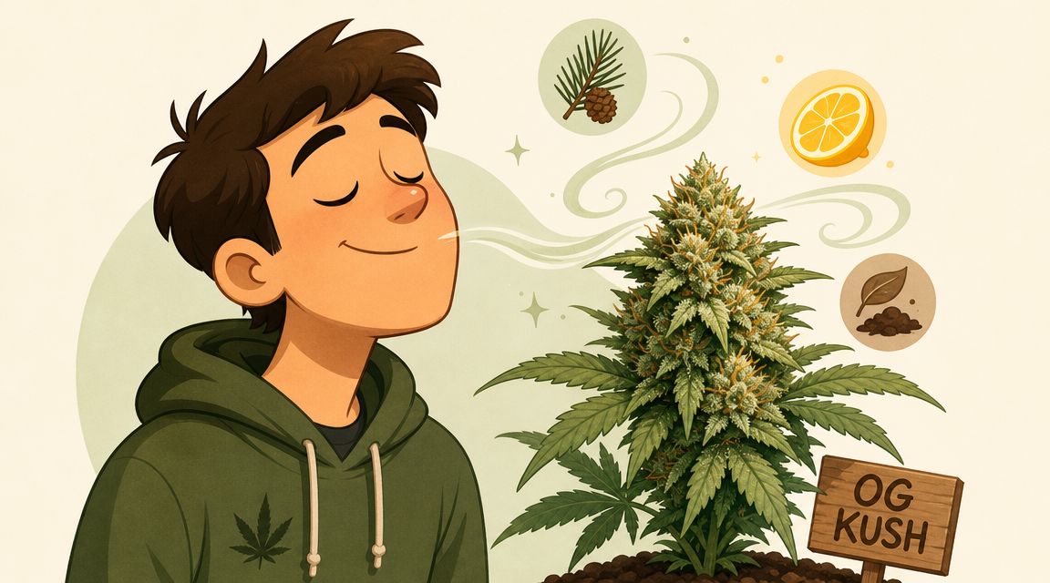 A happy young man in a hoodie smelling a vibrant, aromatic OG Kush cannabis plant, illustration style.
