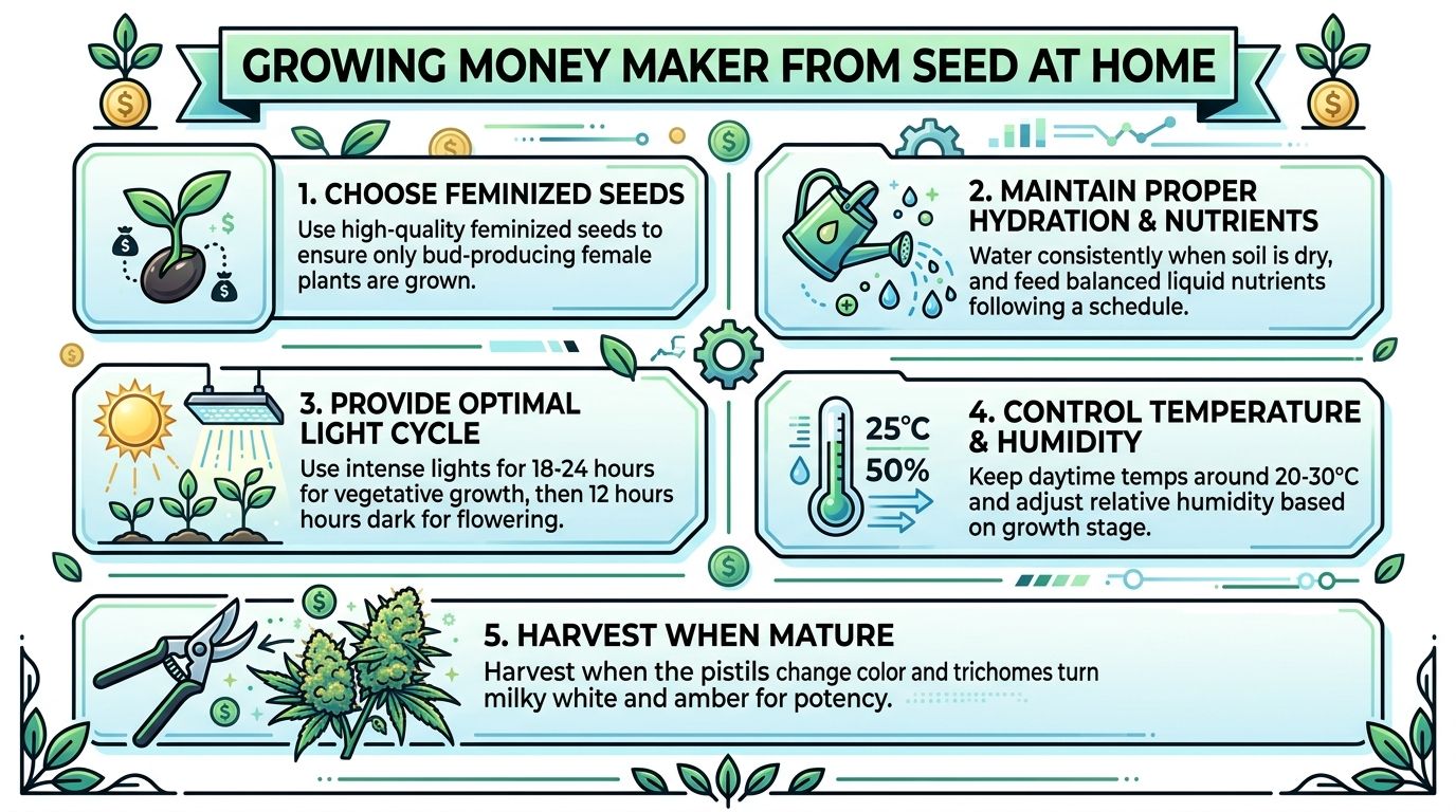An educational infographic outlining five essential steps for successfully growing the money maker strain from seed at home.