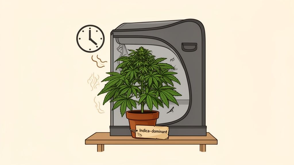 Illustration of an Indica-dominant cannabis plant thriving in a grow tent, with a clock nearby.