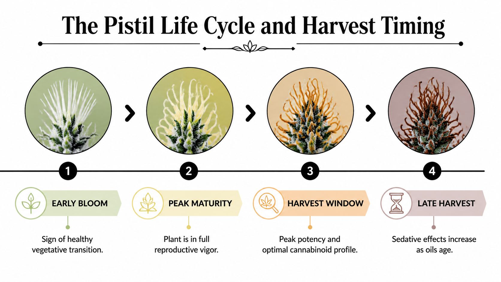 A life cycle infographic showing four stages of cannabis plant pistils, from early bloom to late harvest.