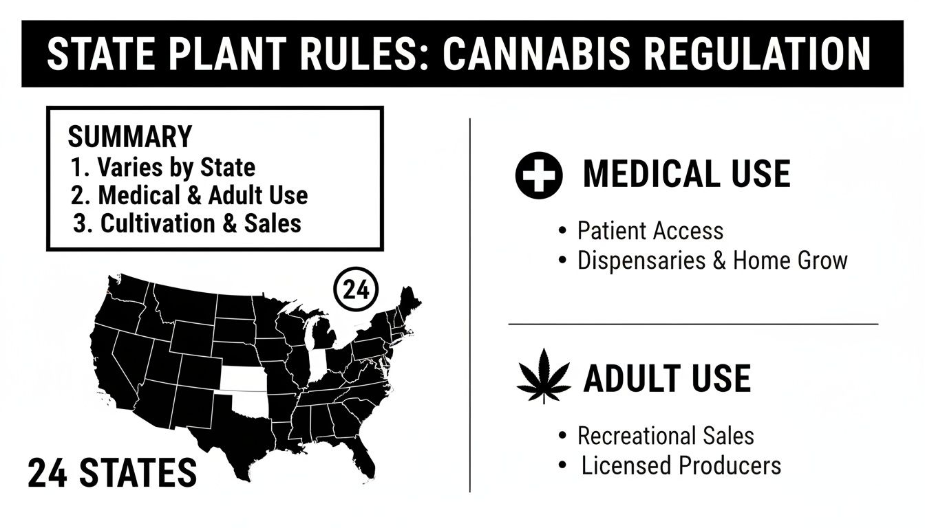 Infographic summarizing state plant rules for cannabis regulation, including medical and adult use details.