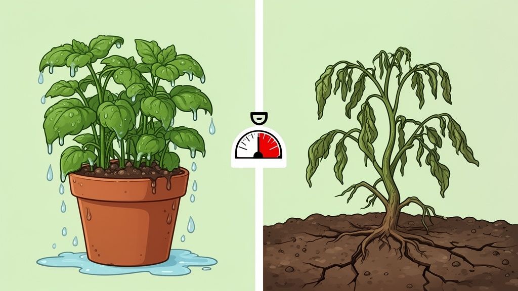 Image comparing a healthy, well-watered plant with a dry, withered plant suffering from lack of water.