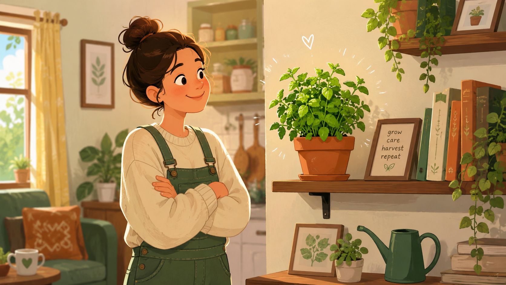 A cheerful woman wearing overalls stands in a cozy home environment looking at a potted herb plant.