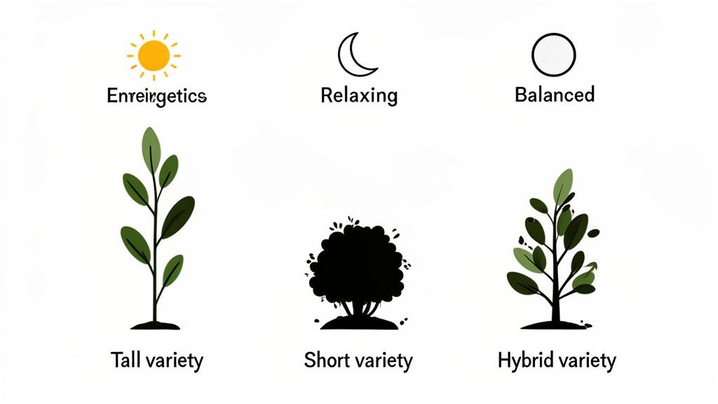 Three plant varieties (tall, short, hybrid) are shown with icons and labels describing their effects: Energetic, Relaxing, and Balanced.