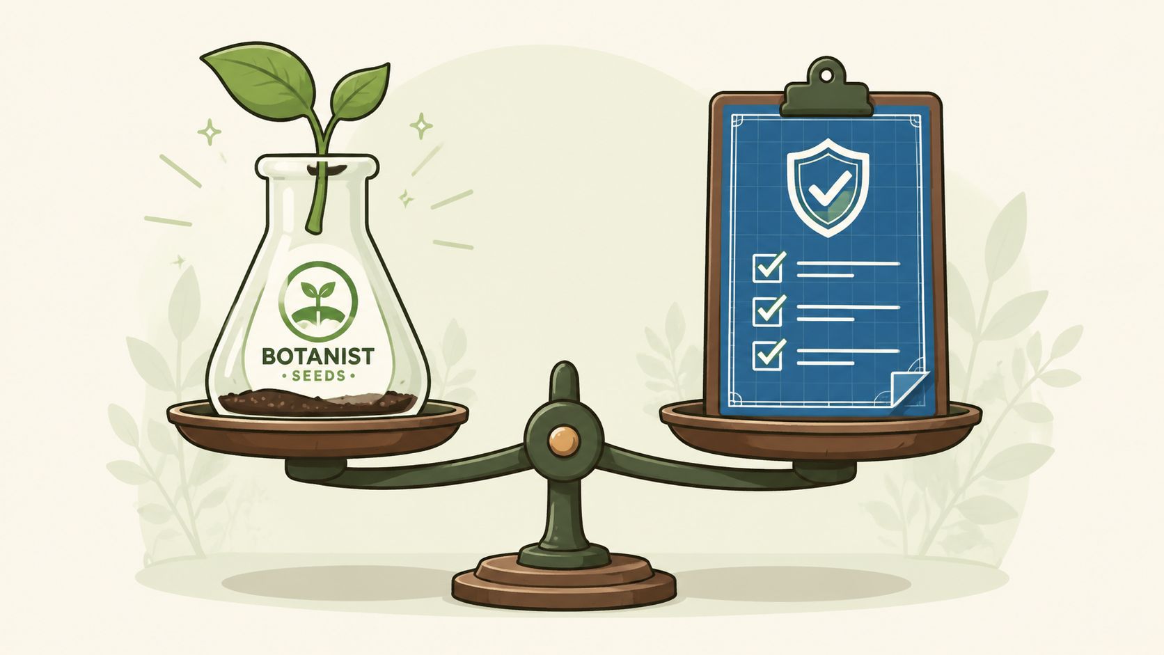 A balanced scale comparing a Botanist Seeds flask with a plant to a clipboard with a checklist.