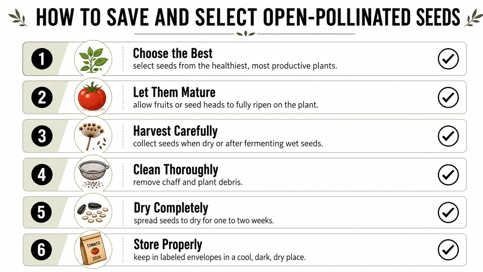 A step-by-step instructional infographic showing how to properly save and select open-pollinated garden seeds.