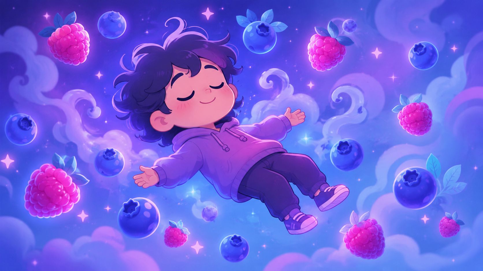 A happy child floating among clouds with magical glowing blueberries and raspberries in a fantasy sky.