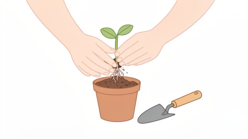 Two hands gently planting a small green seedling with visible roots into a brown pot filled with soil, with a gardening trowel nearby.