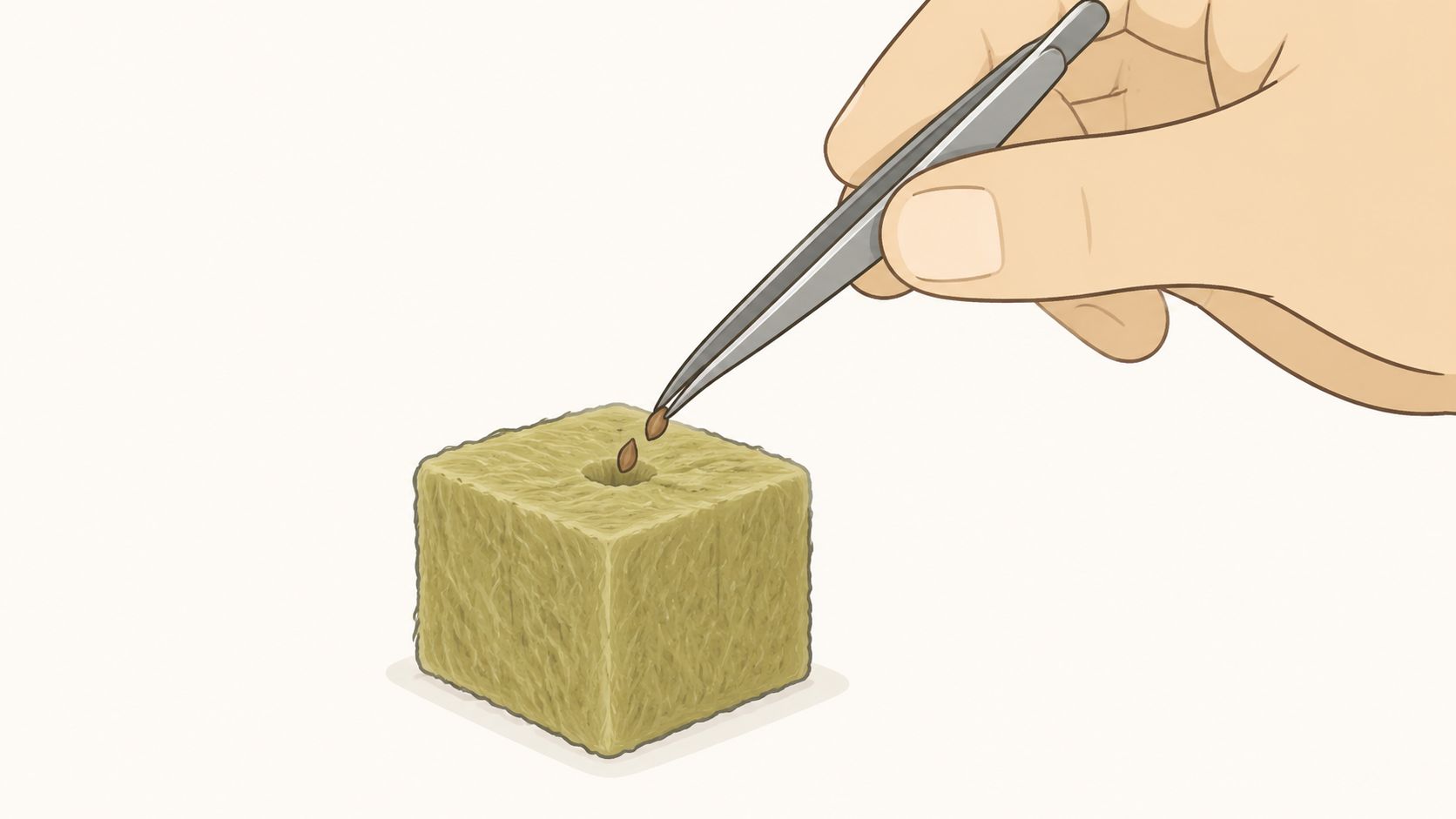 A hand using metal tweezers to place a small seed into a rockwool cube for germination.