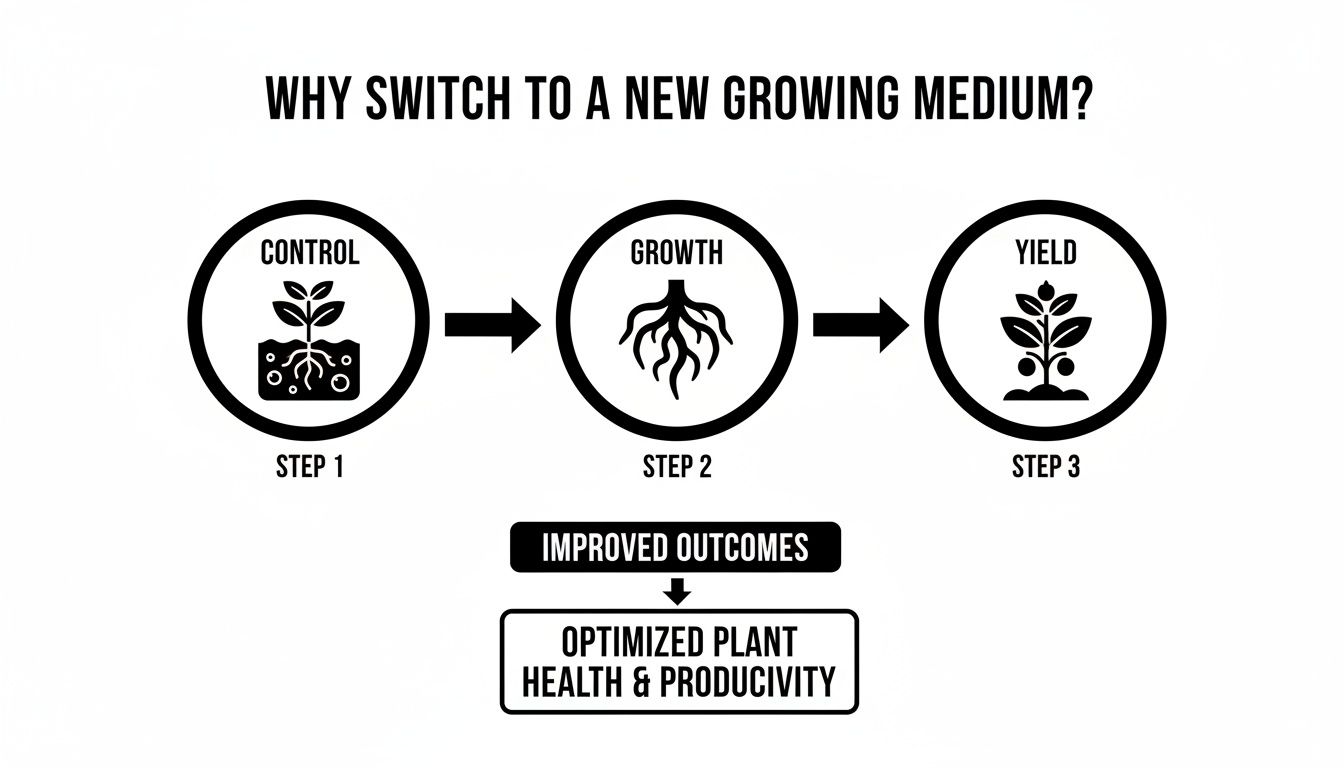 Diagram illustrating why switch to a new growing medium for optimized plant health and productivity.