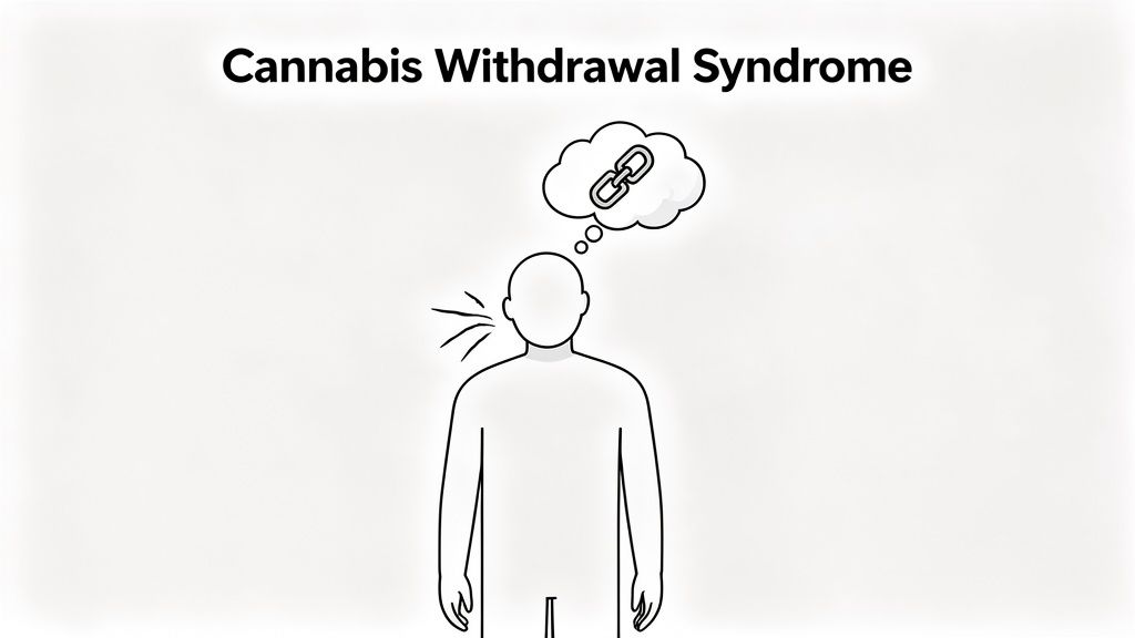 A minimalist line drawing showing a person thinking about a metal chain, representing cannabis withdrawal syndrome.