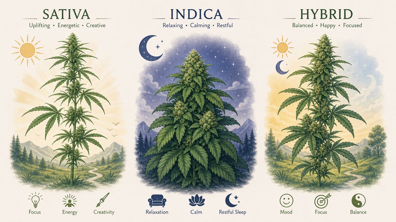 An educational chart illustrating the differences between Sativa, Indica, and Hybrid cannabis plant varieties and effects.