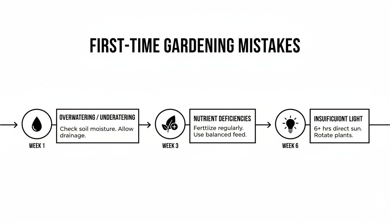 Timeline illustrating common first-time gardening mistakes and solutions for watering, nutrients, and light.