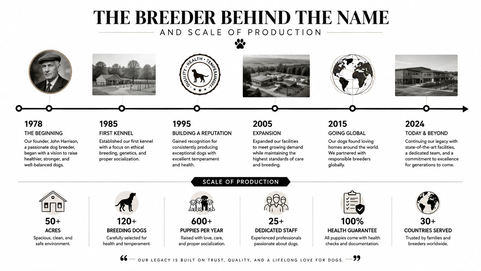 A timeline graphic showcasing the history, growth, and operational scale of a professional dog breeding facility.