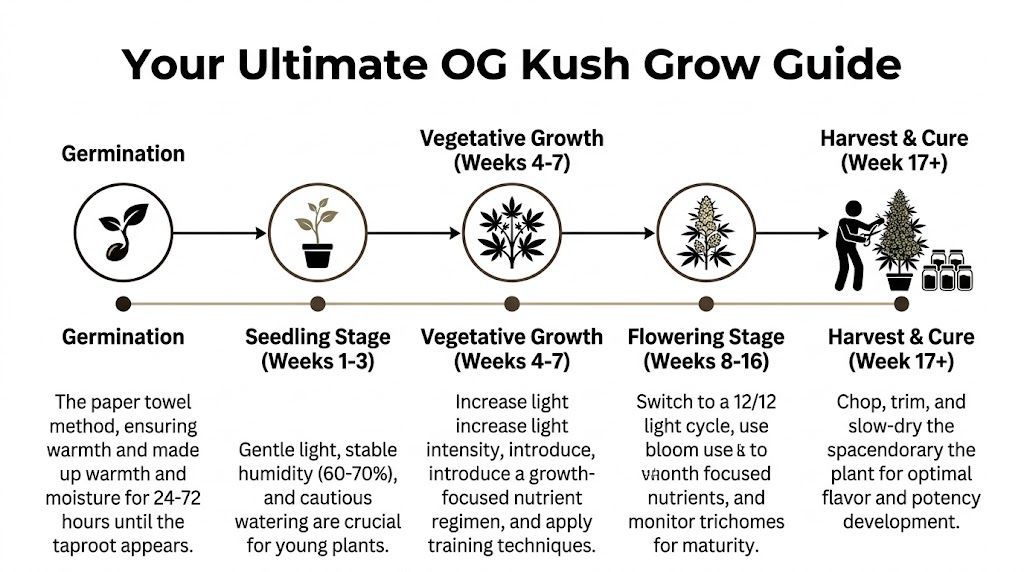 An infographic showing the five stages of growing OG Kush cannabis from germination to harvest.