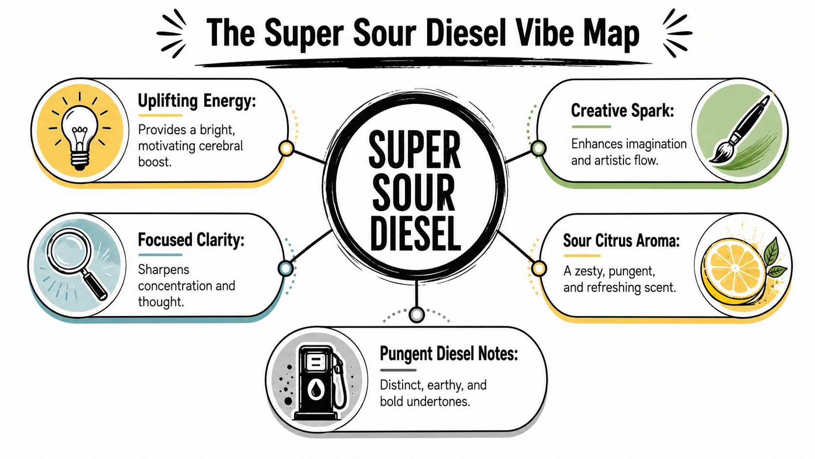 An infographic titled The Super Sour Diesel Vibe Map explaining the effects and scent of the strain.