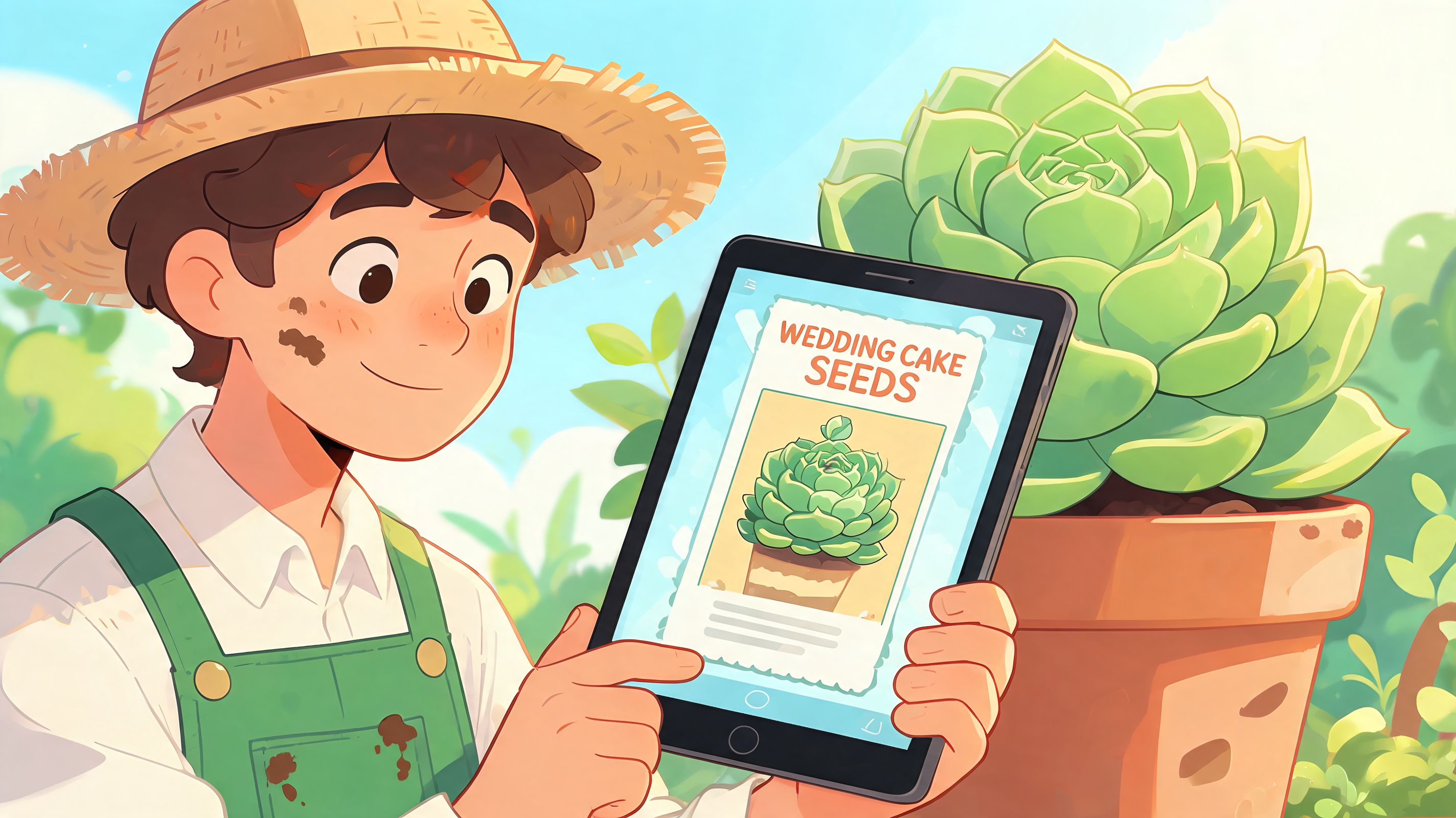 A young boy wearing a straw hat and overalls looking at wedding cake seeds on a tablet
