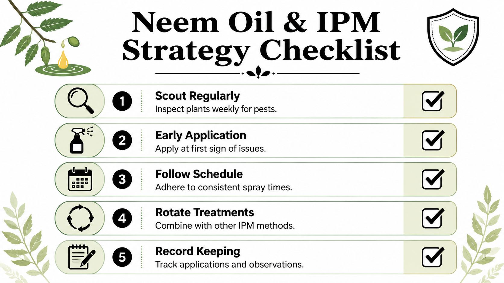 An educational infographic outlining a five-step Neem Oil and Integrated Pest Management (IPM) strategy checklist for gardeners.