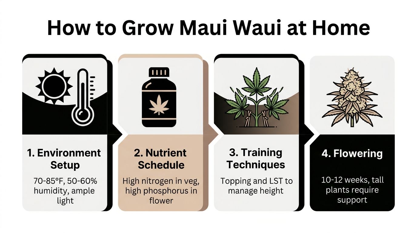 An instructional infographic detailing the four essential steps for growing Maui Wowie cannabis plants at home.