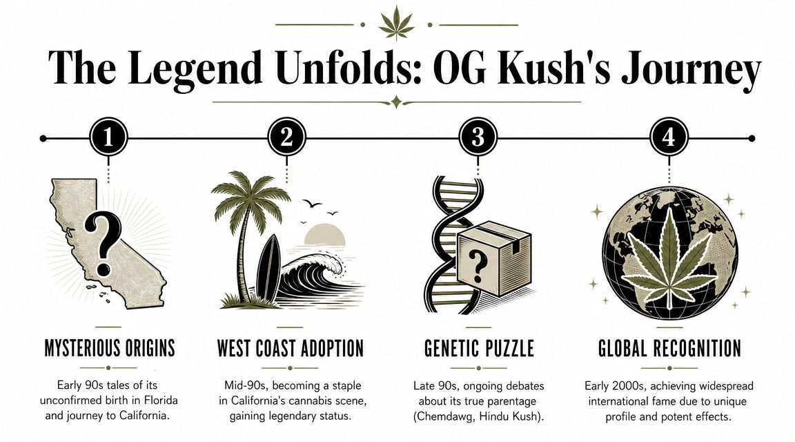 An infographic showing the four stages of OG Kush's history from mysterious origins to global recognition.