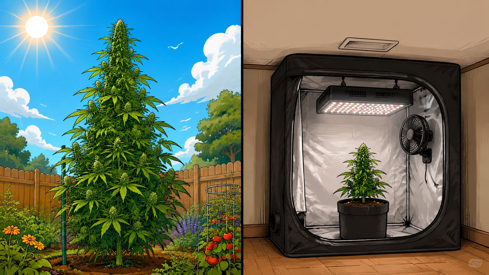A split image comparing a large outdoor cannabis plant in sunlight and a smaller indoor grow tent.