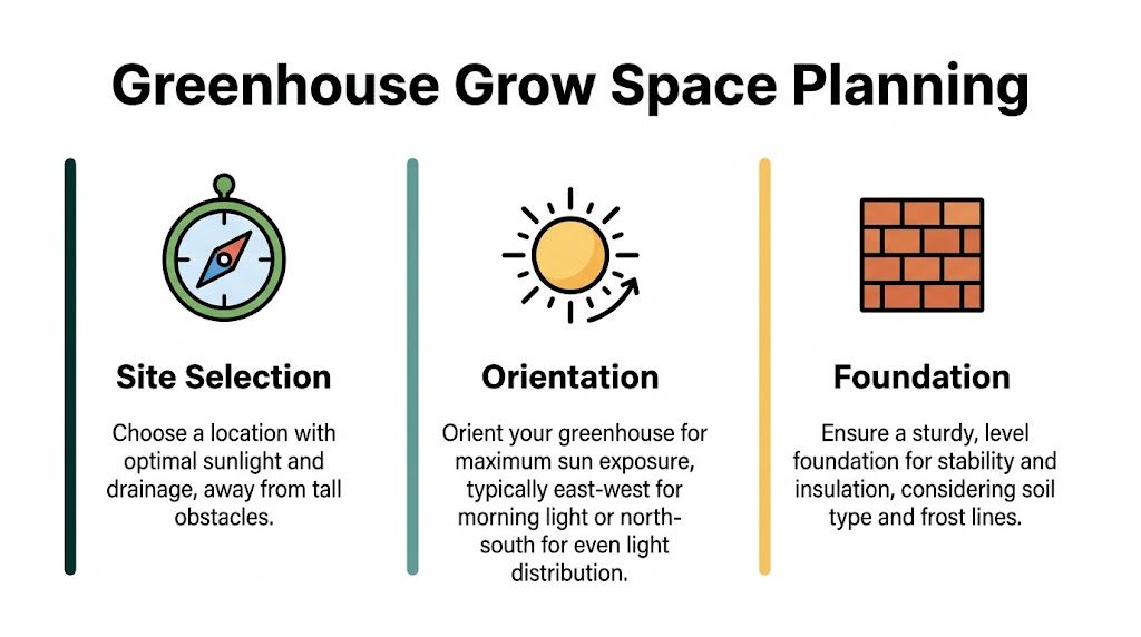 A visual guide for greenhouse grow space planning covering site selection, sun orientation, and foundation construction tips.