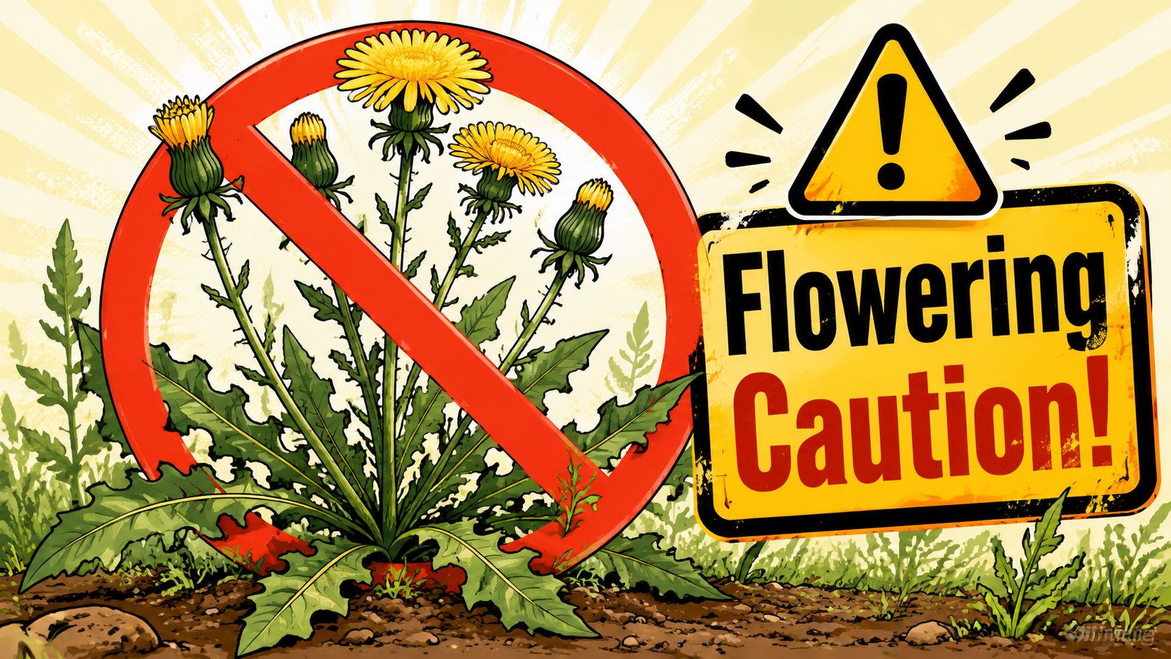 A yellow caution sign with a red prohibition circle over a group of blooming yellow dandelion flowers.