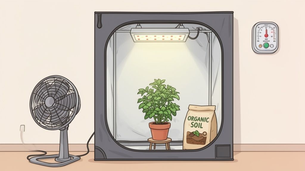 Indoor grow tent setup with a potted plant under LED light, organic soil, a fan, and a climate monitor.
