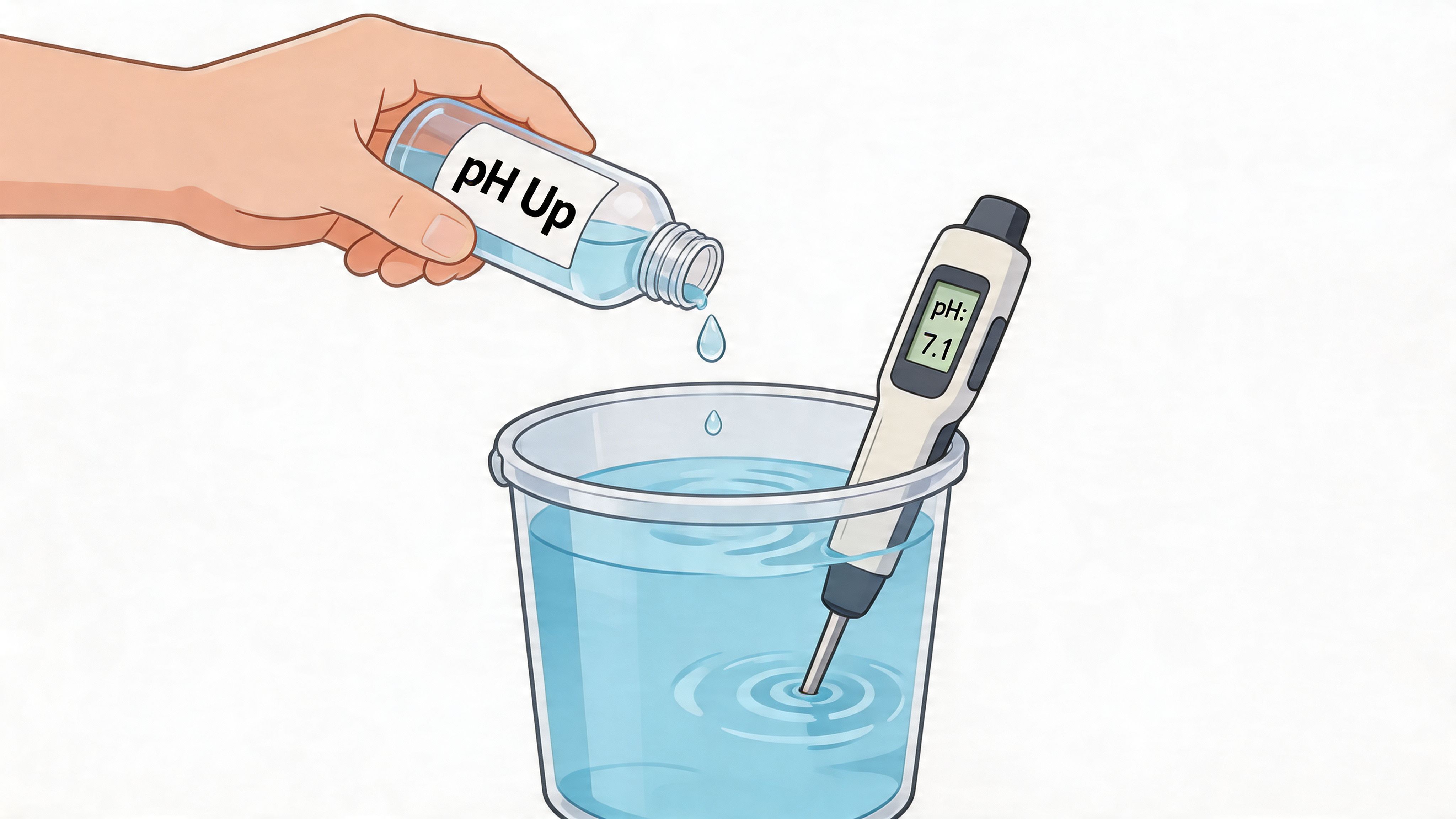 A hand pouring pH Up solution into a bucket of water monitored by a digital pH meter.