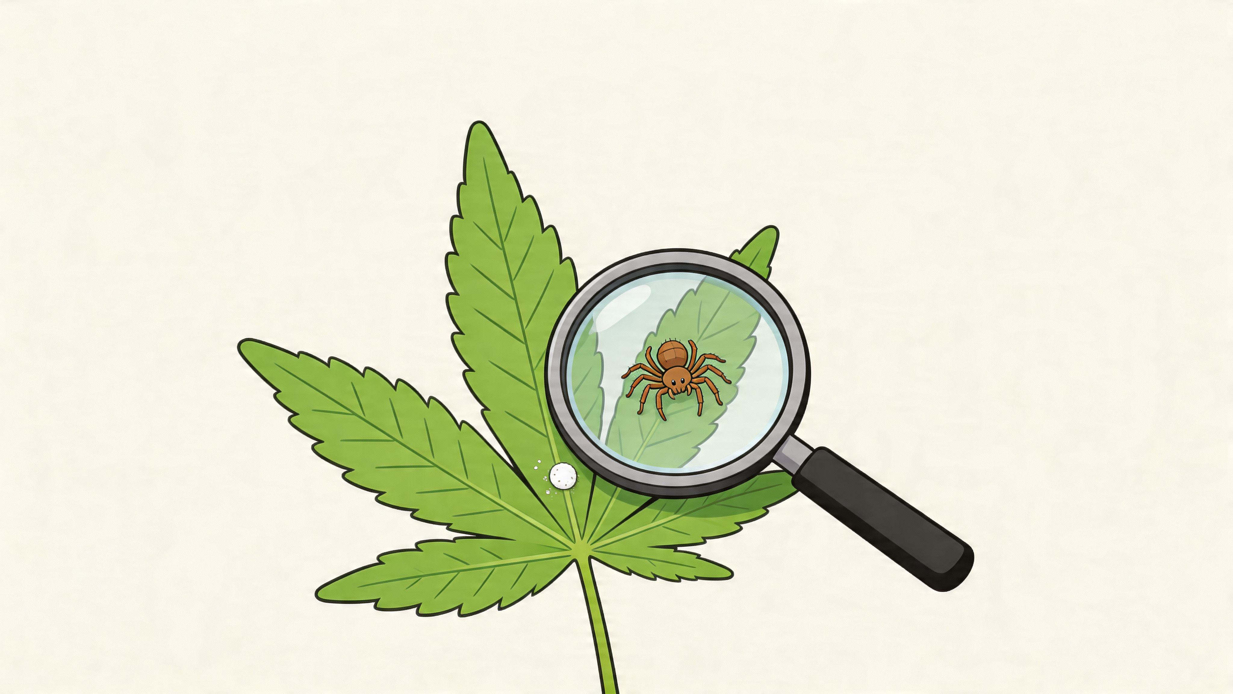 A magnifying glass inspecting a brown spider mite on a green marijuana cannabis leaf illustration.