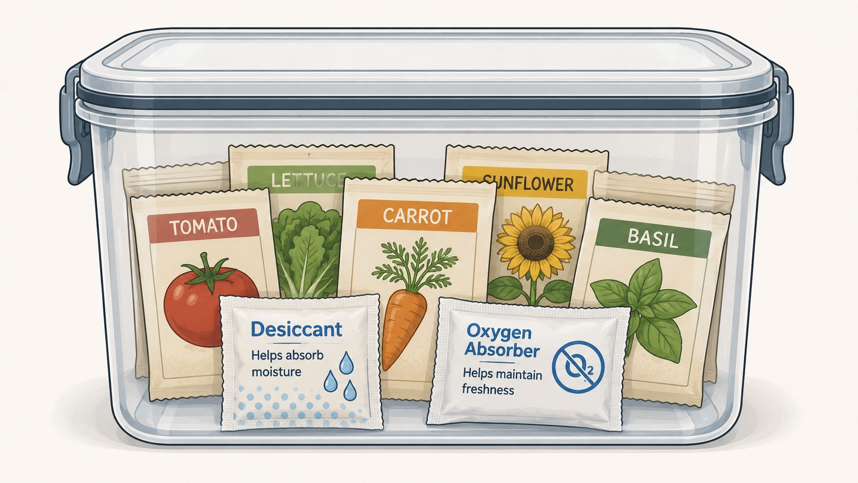 A clear plastic container filled with assorted vegetable and flower seed packets, a desiccant, and oxygen absorber.