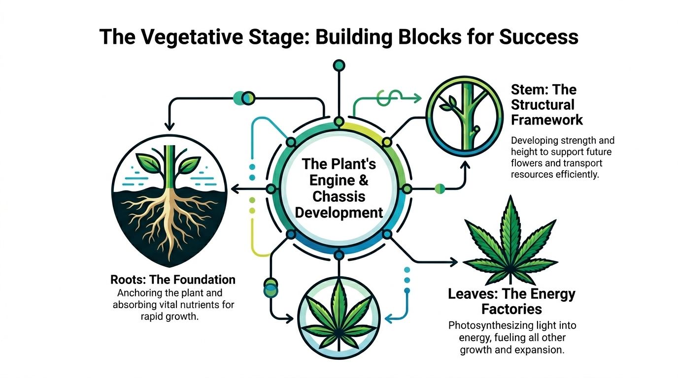 A diagram illustrating the vegetative stage of cannabis plant development, highlighting roots, stems, and leaves function.