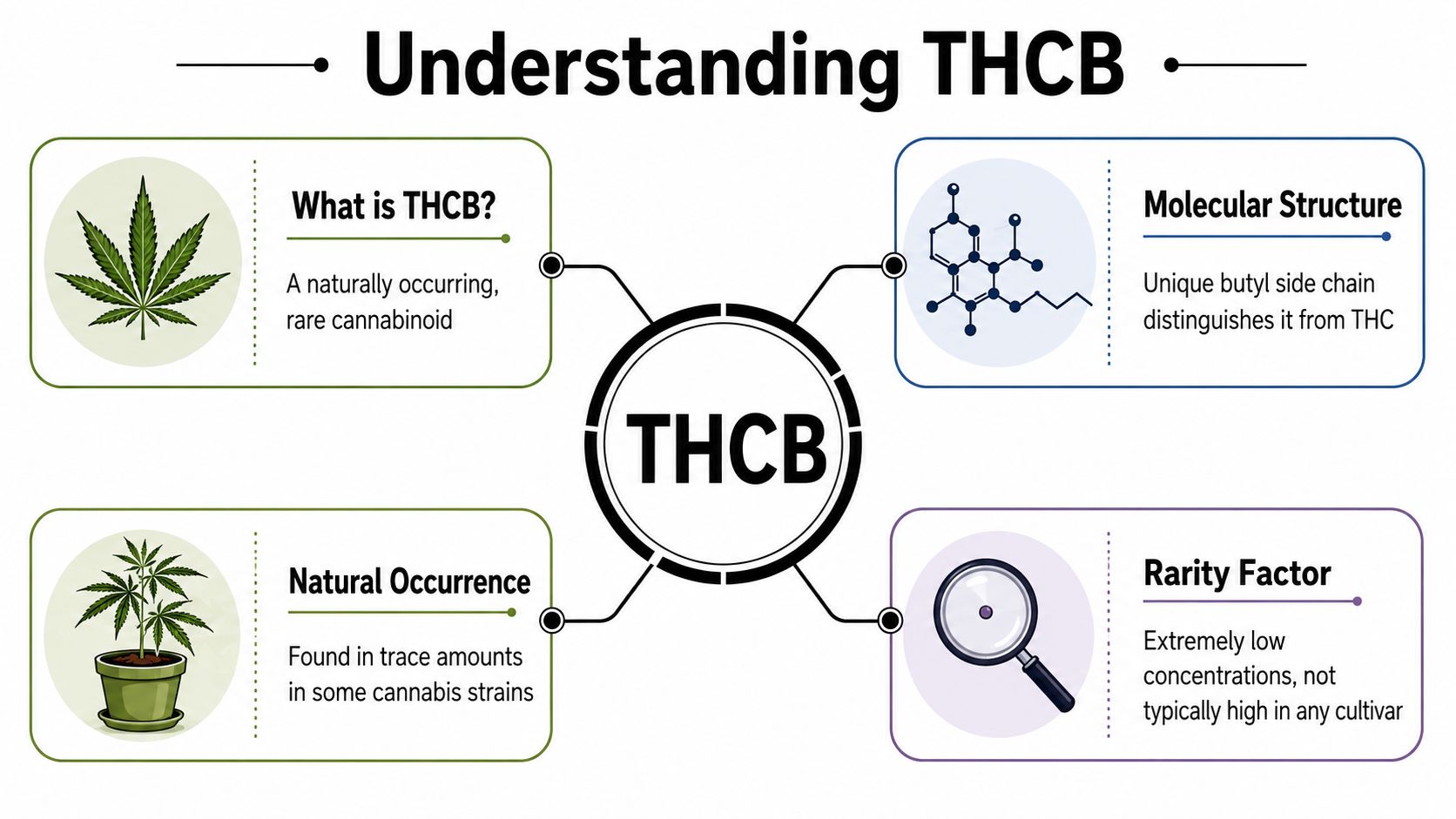An infographic titled Understanding THCB, explaining its nature, molecular structure, natural occurrence, and rarity factor.