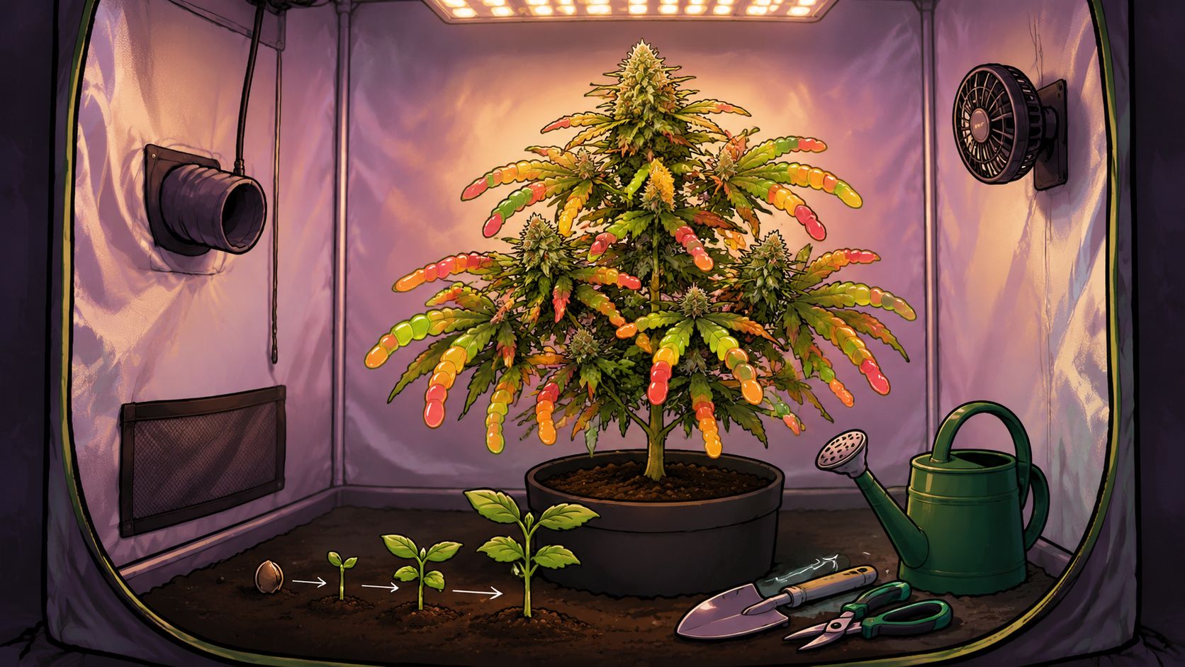 An illustration showing the growth stages of a cannabis plant with gummy worm-shaped leaves inside a grow tent.