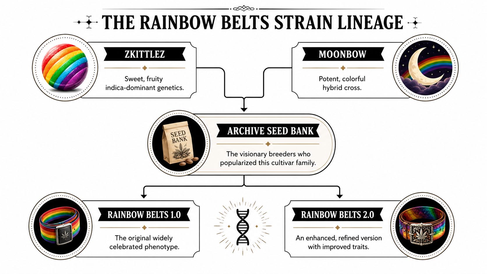 A diagram illustrating the genetic lineage of the Rainbow Belts cannabis strain starting from Zkittlez and Moonbow.