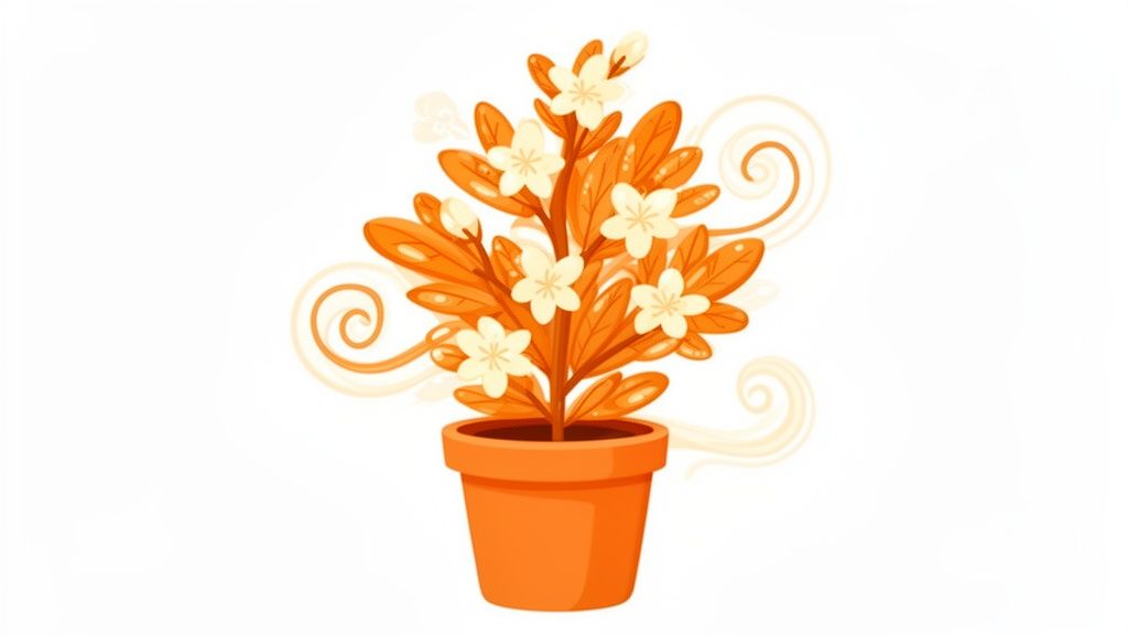 An illustration of a potted plant with orange leaves, white flowers, and decorative swirls on a white background.