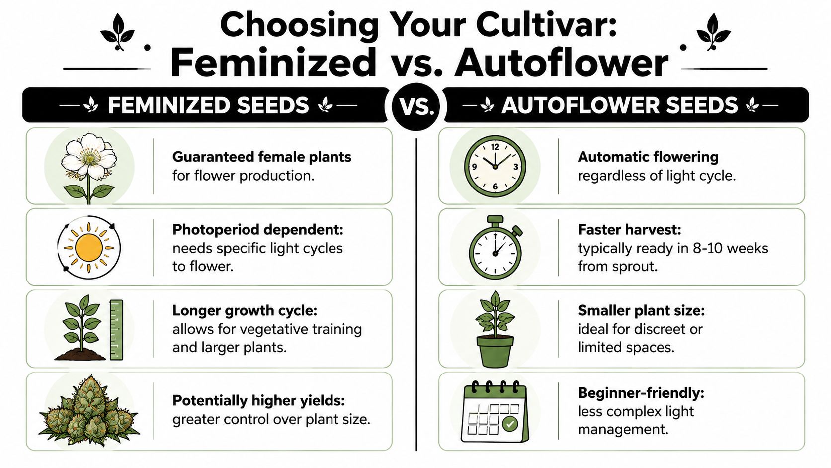 A comparison chart outlining the key differences between feminized and autoflower cannabis seeds for home growers.
