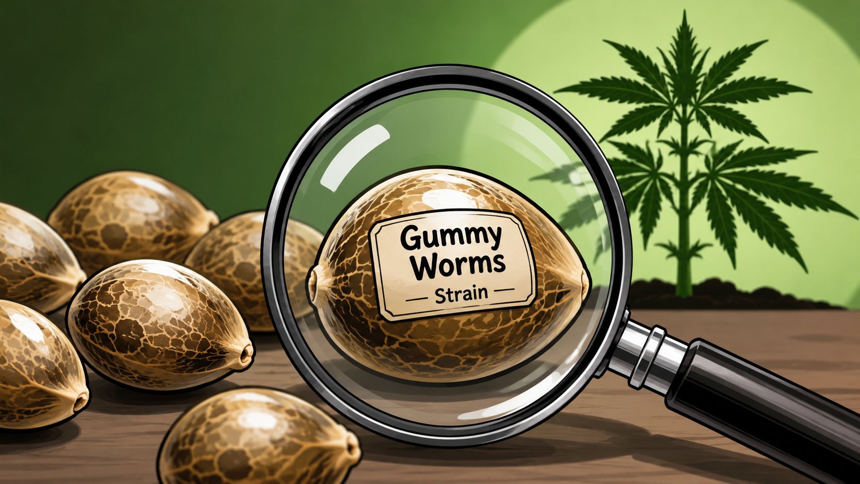A magnifying glass focusing on a cannabis seed labeled as Gummy Worms strain among other seeds.