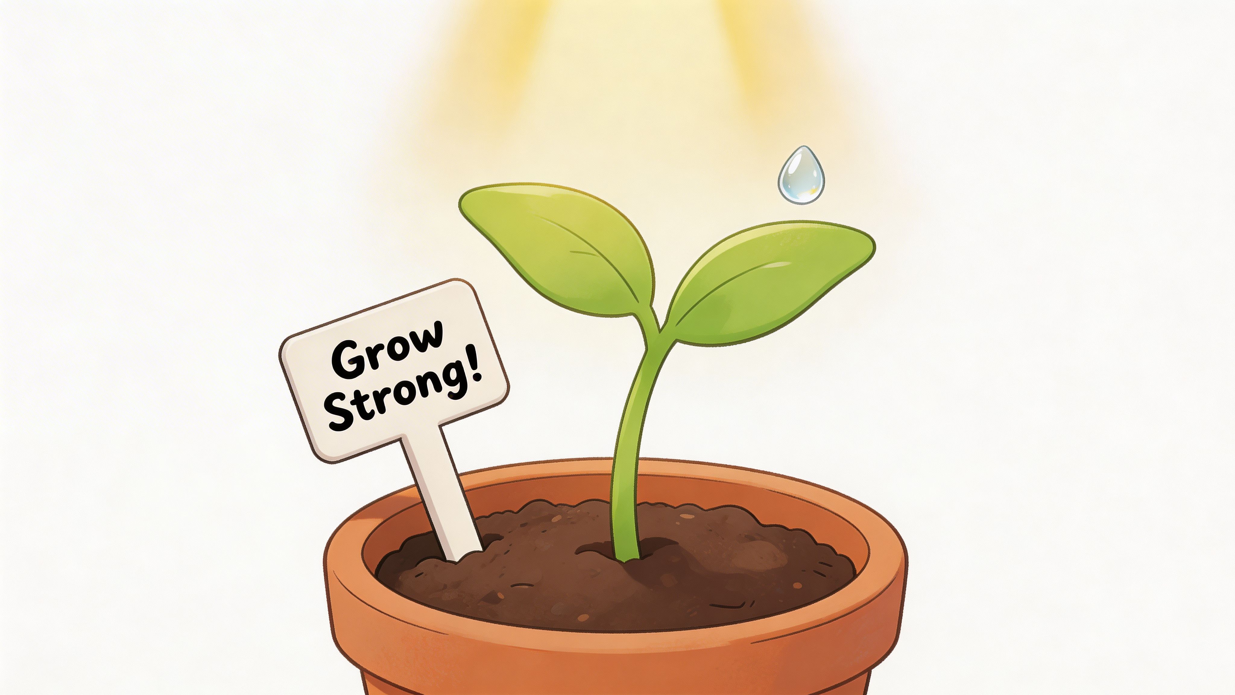 A small green seedling growing in a clay pot with a sign that says Grow Strong