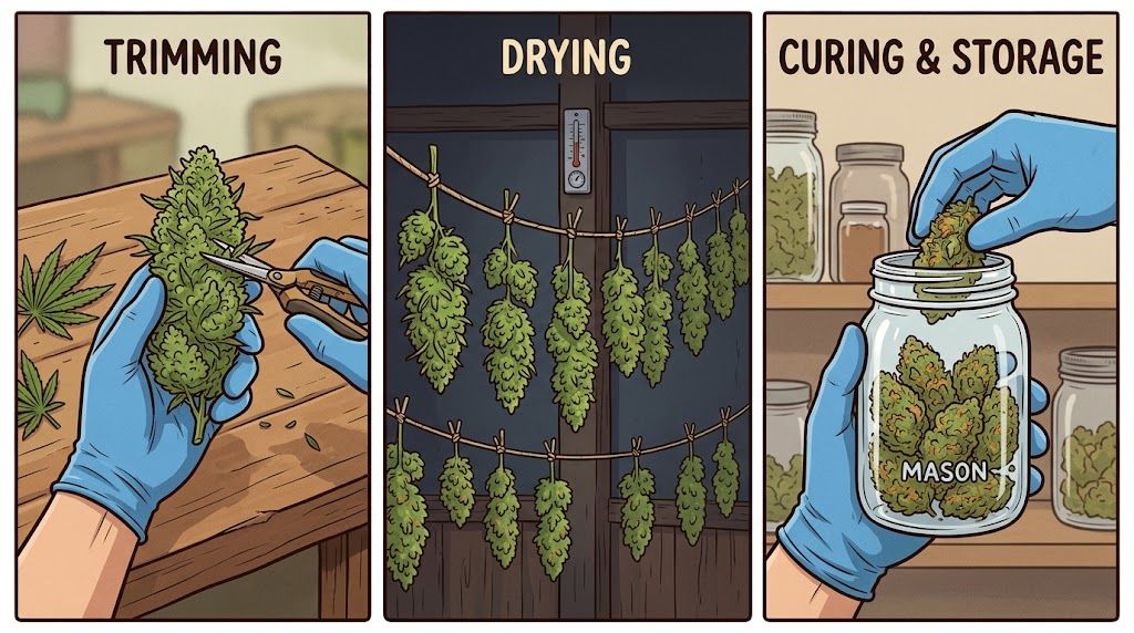 A diagram illustrating the post-harvest process of trimming, drying, and curing cannabis flowers in mason jars.