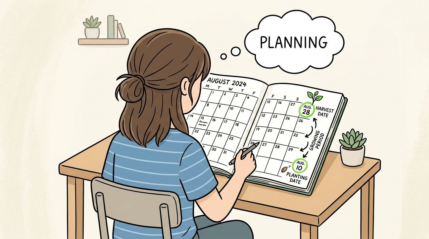 A woman writing in a calendar to plan the growing period for her plant from seed to harvest.