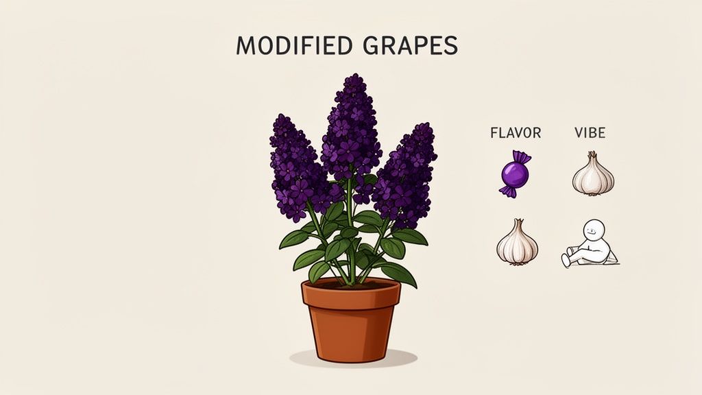 Illustration of a potted modified grape plant with purple flowers, detailing its candy and garlic flavor, and relaxed garlic vibe.