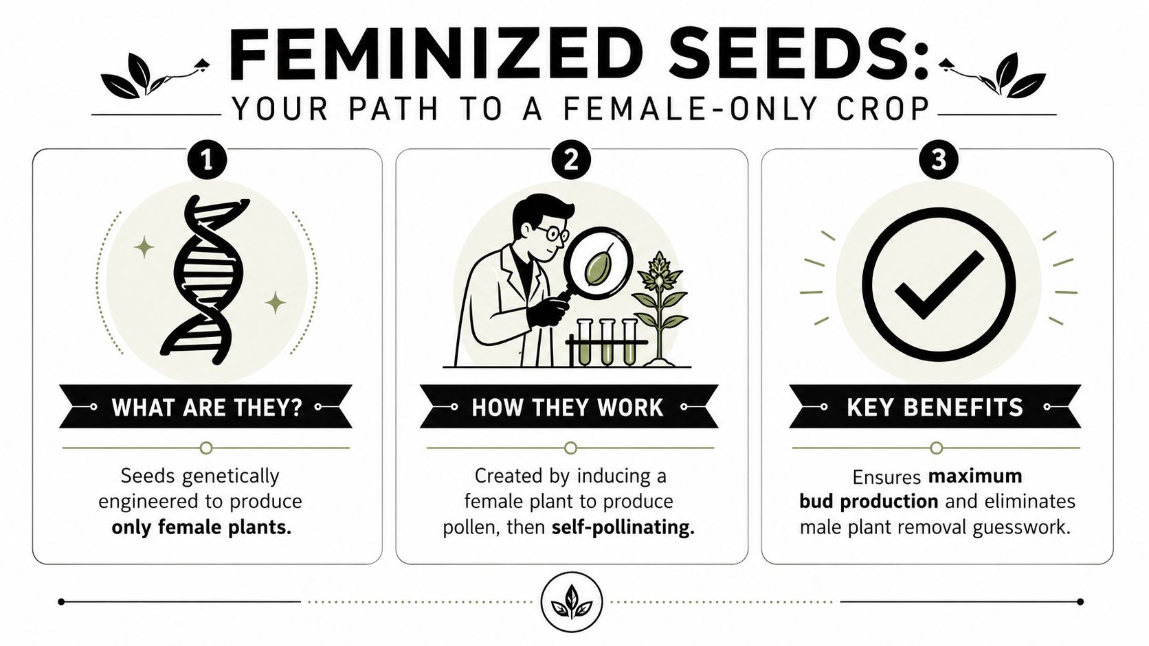 An infographic explaining the process and benefits of feminized seeds for a female-only cannabis crop.