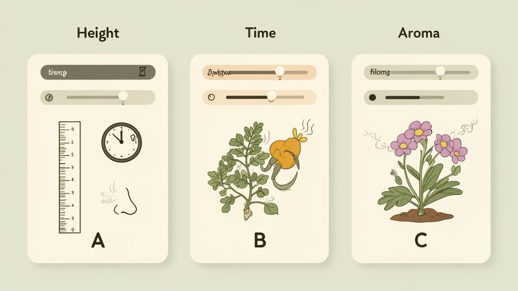 Three UI cards displaying plant characteristics: Height with a ruler, Time with a plant illustration, and Aroma with flowers.