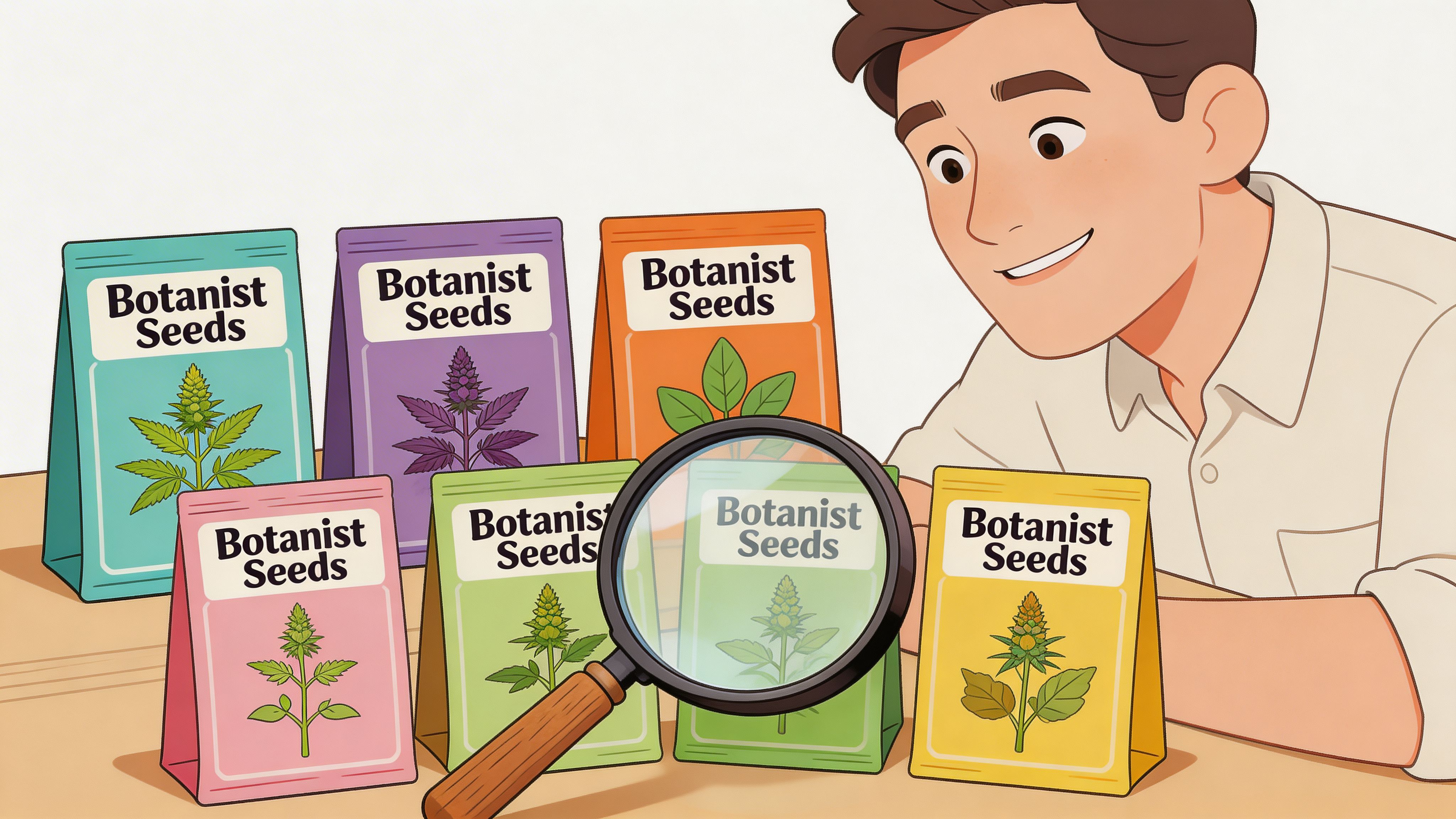 A man smiling while looking through a magnifying glass at a selection of colorful Botanist Seeds packets.
