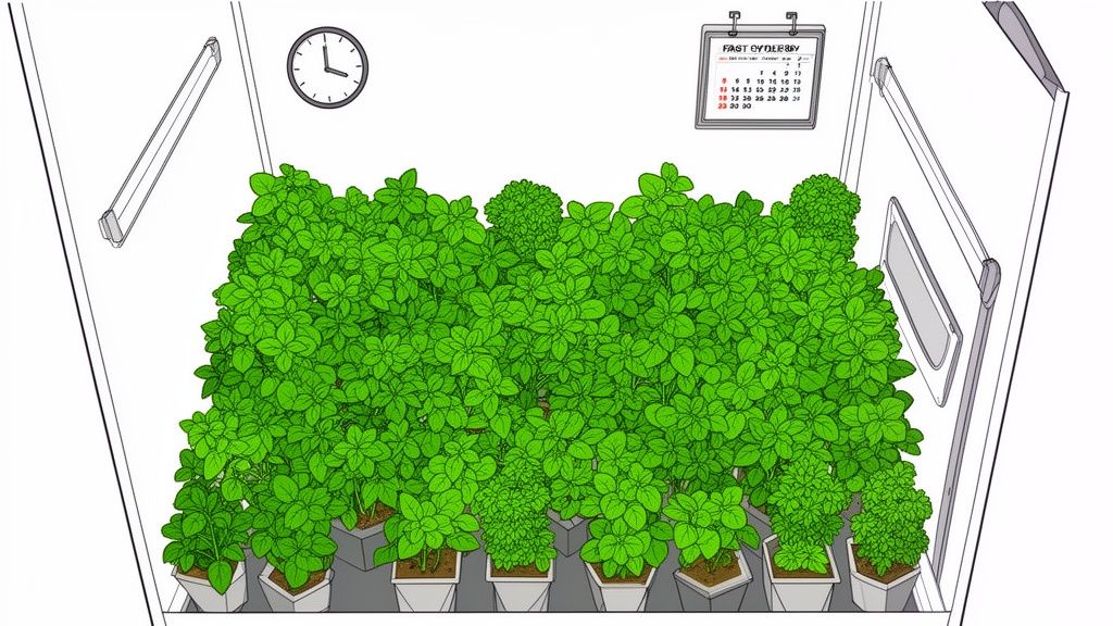 An indoor grow tent showcasing lush green plants, artificial lights, a clock, and a calendar.