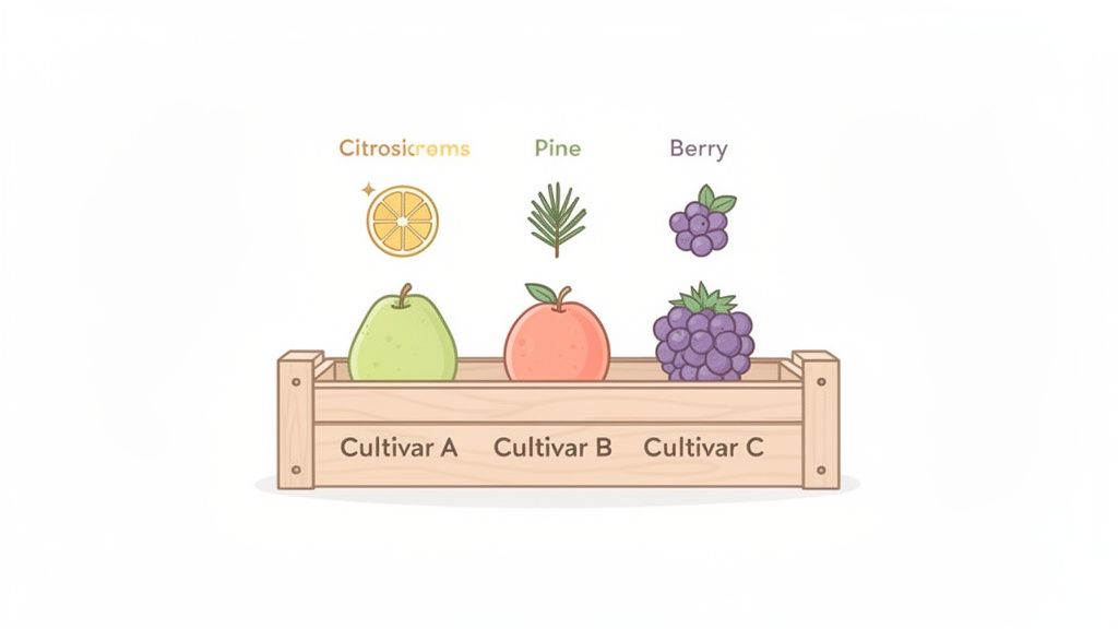 Three different fruit cultivars (A, B, C) in a wooden crate, each paired with a flavor profile icon.
